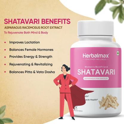 Herbalmax Organic Shatavari 400mg | Hormonal Balance & Women’s Health Supplement | Supports Lactation, Immunity, Bone & Muscle Strength, Rich in Antioxidants – 60 Veg Capsules