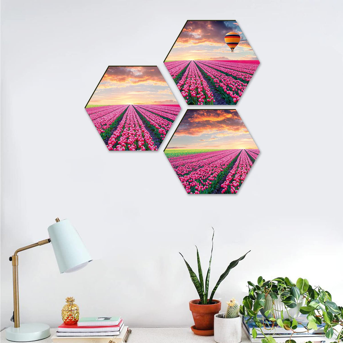 Floral Wall Painting For Living Room Hexagonal Set of 3 (D)