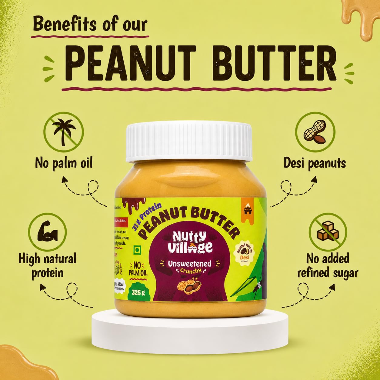 Nutty Village Natural Unsweetened Peanut Butter Crunchy with 31.08g Protein - No Added Sugar and Salt - No Palm Oil - Vegan and Gluten free - 325g Peanut Butter