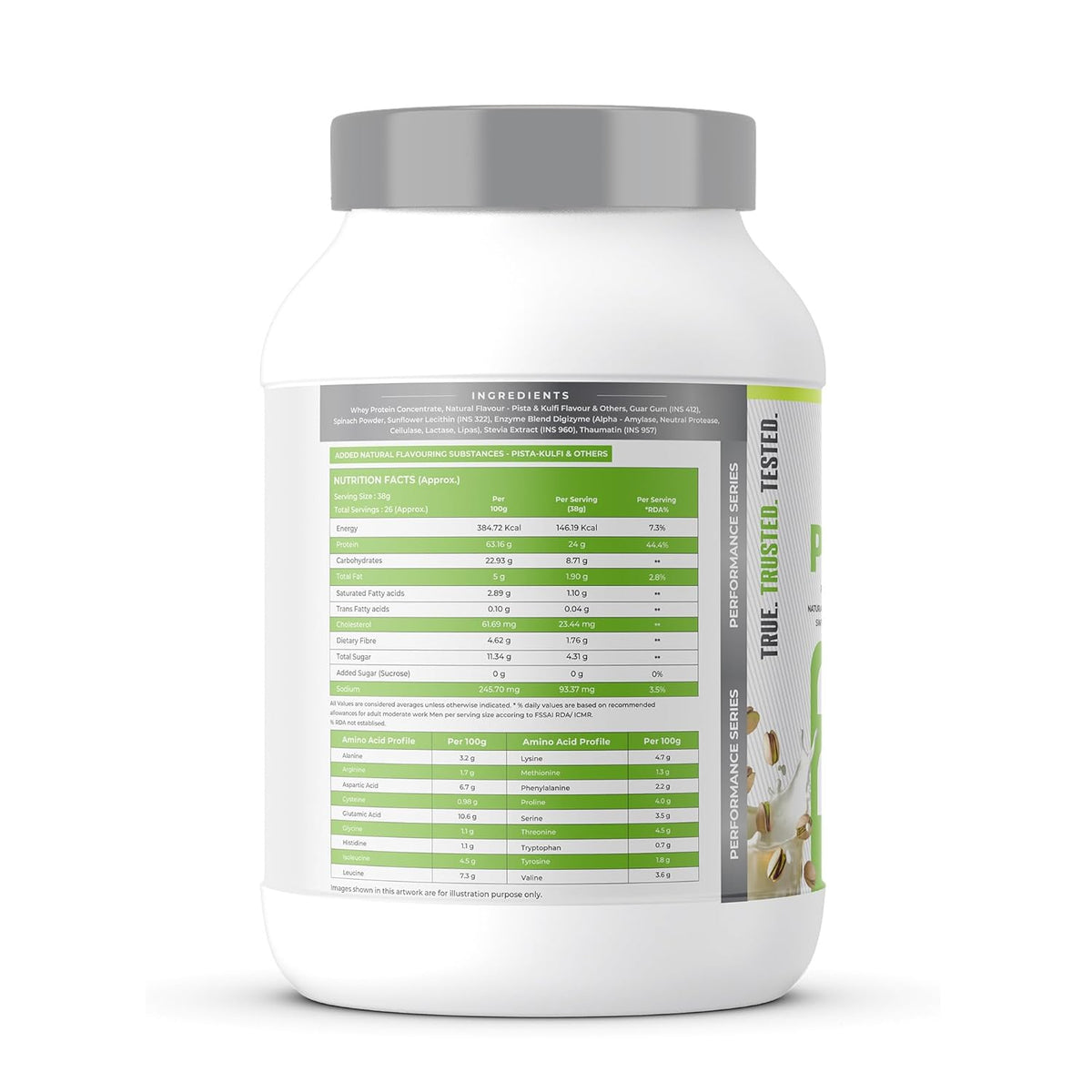 Nutritional supplement container with label on a white background