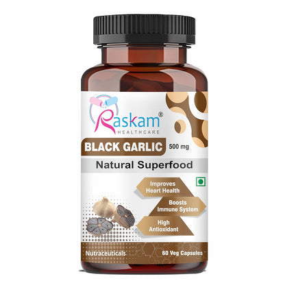 Bottle of Raskam Black Garlic capsules on a white background