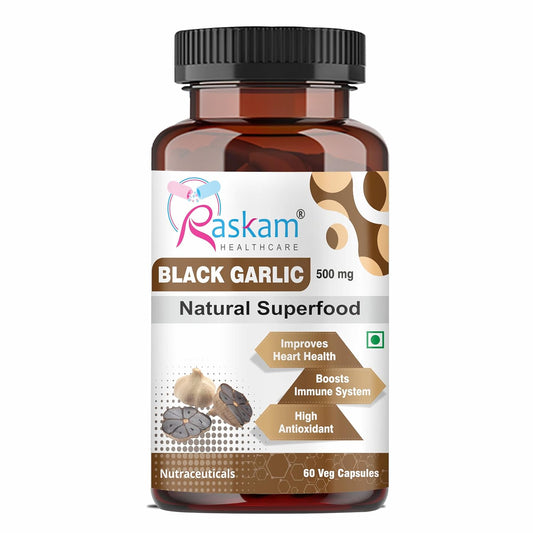 Bottle of Raskam Black Garlic capsules on a white background