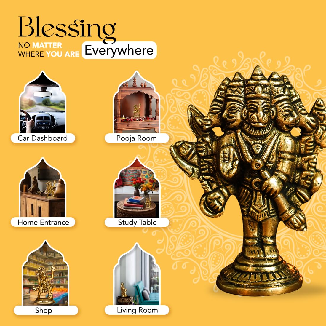 100% Pure Brass Panchmukhi Hanuman (Size: 8 cm) | Panchmukhi Hanuman Murti for Door Entrance | Panch Mukhi Hanuman Ji for Car Dashboard | Vastu Protection from Evil Eye