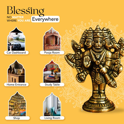 100% Pure Brass Panchmukhi Hanuman (Size: 8 cm) | Panchmukhi Hanuman Murti for Door Entrance | Panch Mukhi Hanuman Ji for Car Dashboard | Vastu Protection from Evil Eye