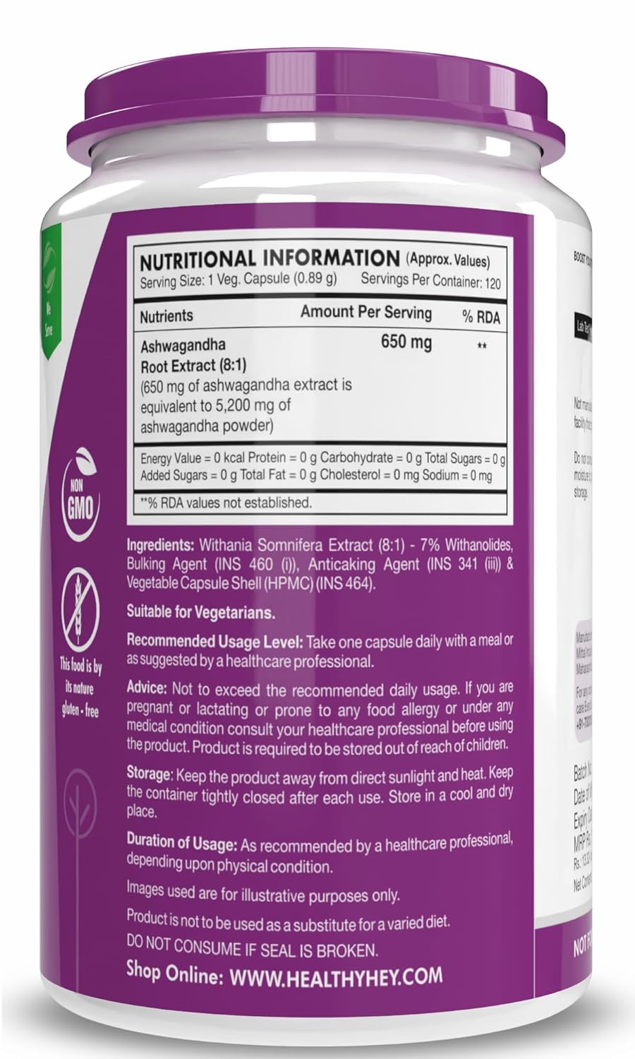 Zephivo HealthyHey Nutrition Ashwagandha Powder Withania Somnifera | 100% Natural Ashwagandha Capsules - Ashwagandha Rejuvenates Mind & Body-120 Ashwagandha Capsules

