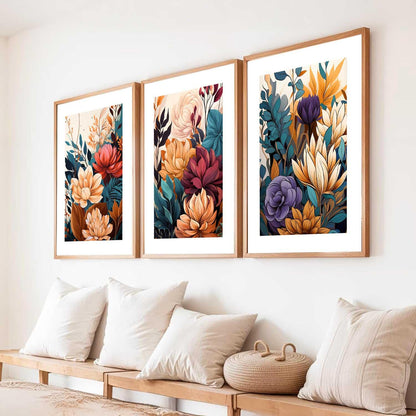 Floral Art Home Decoration Floral Paintings With Frame For Living Room Bed Room Hotel Wall Decor Digital Reprint Set of 3 (13x17 inch)