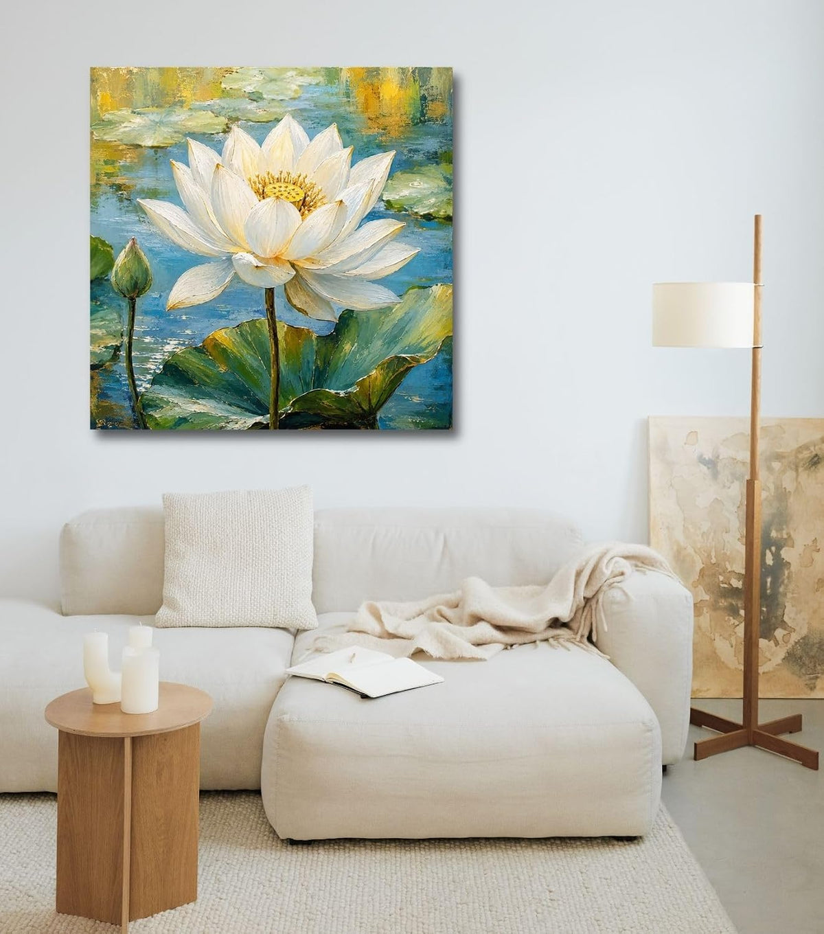 Lotus Flower Painting for Wall Vastu (15+ DESIGNS) Framed Lotus Canvas Painting for Living Room, Bedroom | Nature Floral Wall Art with Multiple Design Variations (White Big Lotus, 18x18 Inch, Framed)