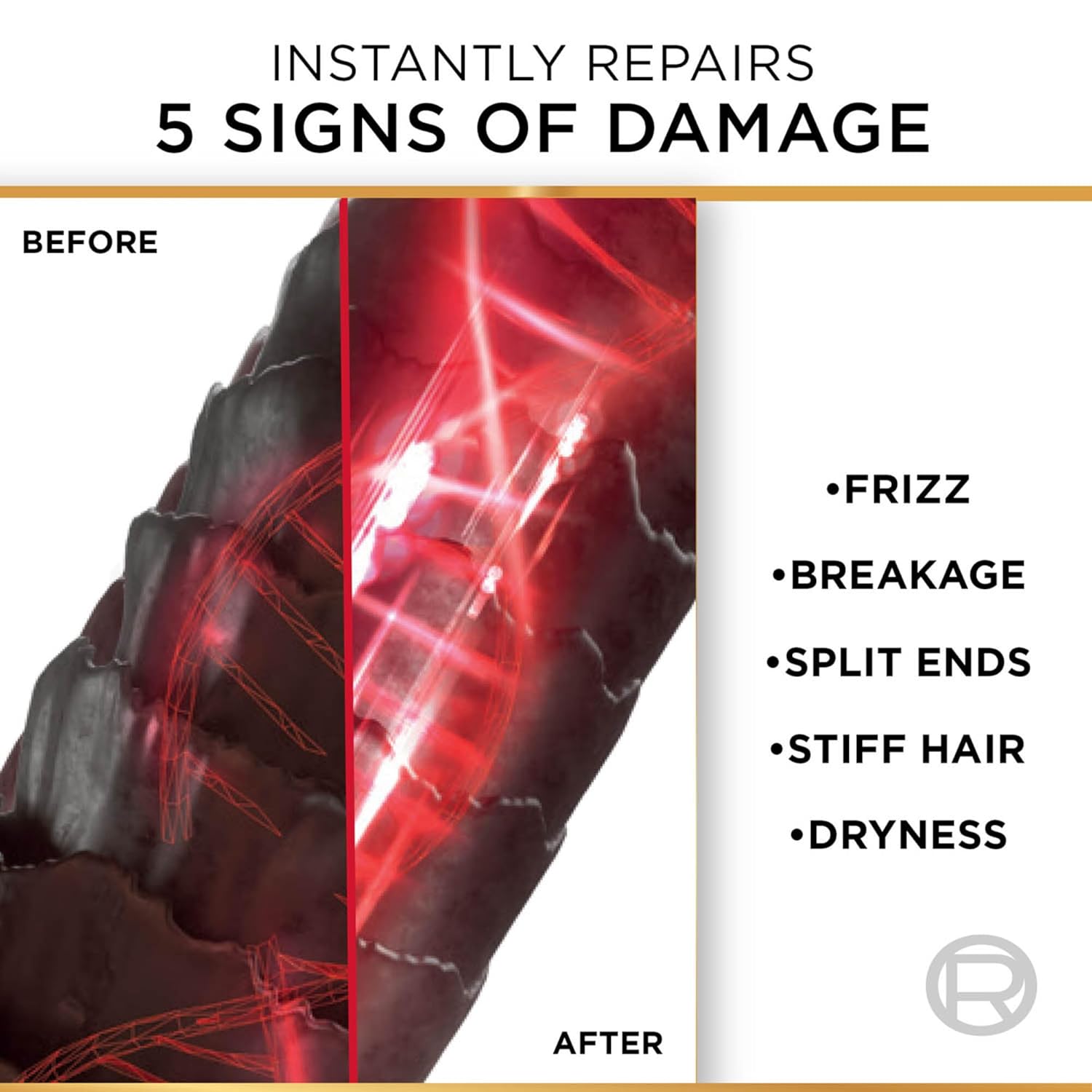 Before and after comparison of hair damage repair with red light therapy.