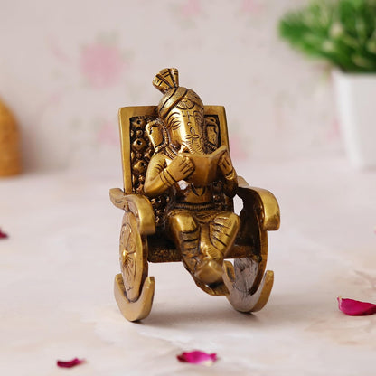 Golden Brass Handcrafted Lord Ganesha Statue Sitting on a Chair and Reading a Book Decorative Showpiece | Divine God Idol for Home, Office Decor, and Gifts