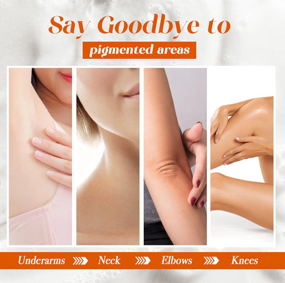 Advertisement for skin treatment targeting underarms, neck, elbows, and knees with a white background.