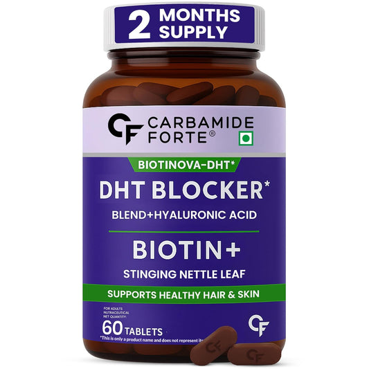 Bottle of Carbamide Forte DHT Blocker supplement with purple label on a white background