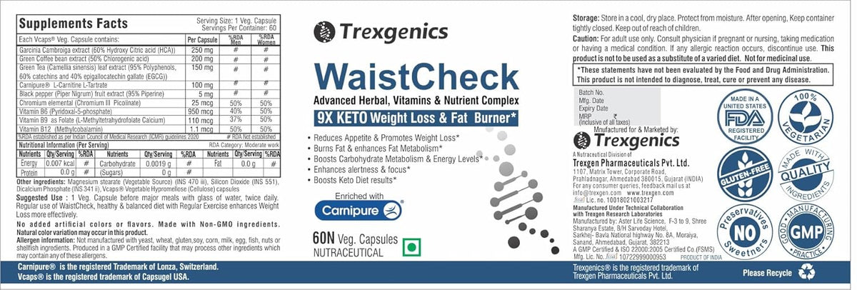 Trexgenics WaistCheck supplement label with product details and branding.