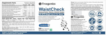 Trexgenics WaistCheck supplement label with product details and branding.