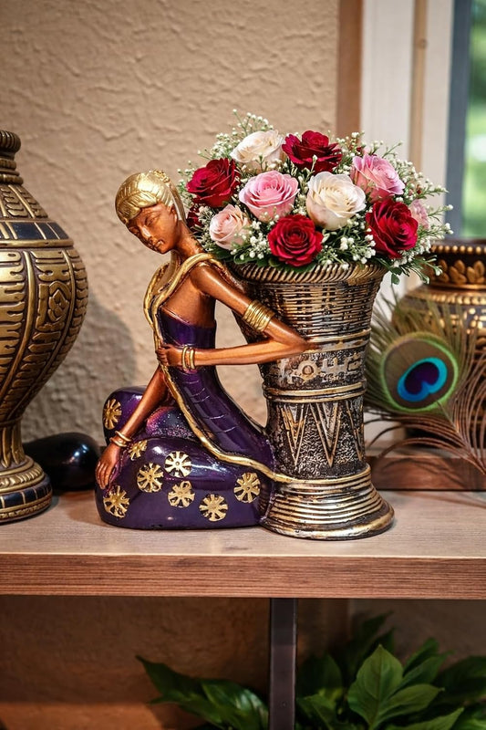 Modern Girl Figurine Flower Vase with Basket, Polyresin Decorative Showpiece, Multicolor, 28 cm, Home Decor Centerpiece