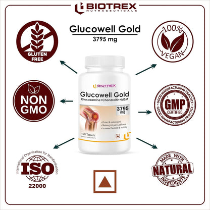Biotrex Nutraceuticals Glucosamine+ Chondroitin + MSM 3795mg Glucowell GOLD - 120 Tablets, Cartilage & Joint Support Supplement, Glucosamine Chondroitin MSM for Joint Relieves Pain and Stiffness