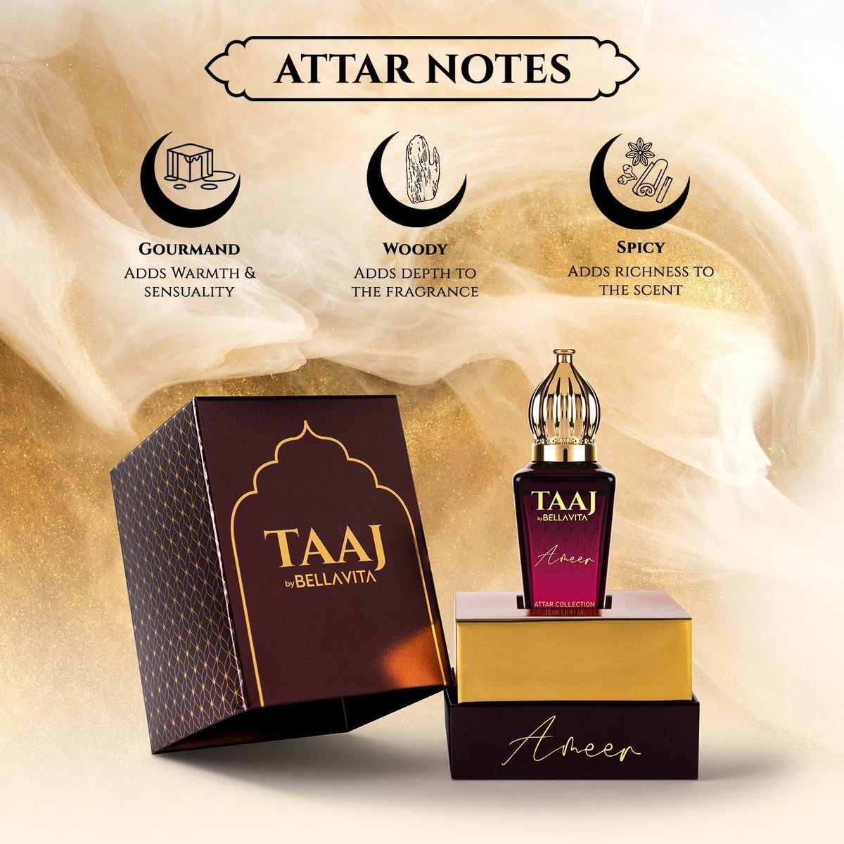 TAAJ Bellavita perfume bottle and packaging with attar notes on a beige background