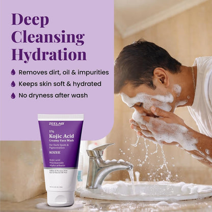 Man washing his face with a Zeel facial wash tube displayed on a sink.