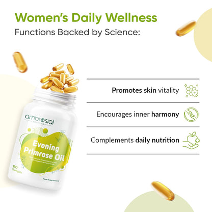 Ambrosial Evening Primrose Oil supplement bottle with text highlighting benefits on a white background