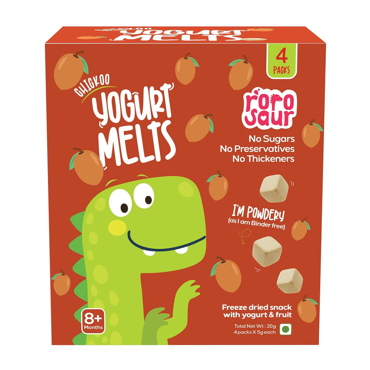 Rorosaur Baby Snacks – Chickoo Melts with Yogurt & Fruit & Veggie for 8+ Months | Finger Food for Toddlers | No Sugar, No Preservatives, No Binders | 4-Pack (5g Each)