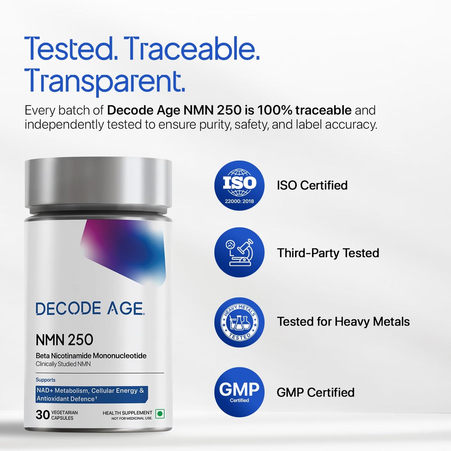 Supplement bottle labeled 'Decode Age NMN 250' with certification logos on a white background