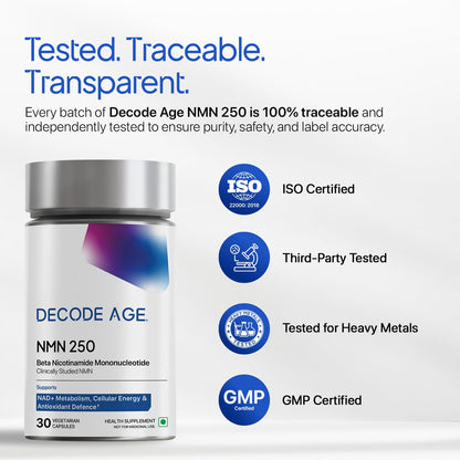 Supplement bottle labeled 'Decode Age NMN 250' with certification logos on a white background