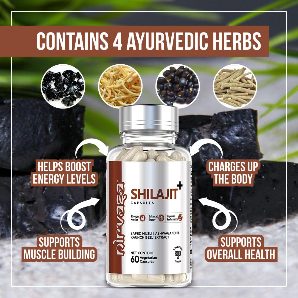 Nirvasa Pure Shilajit/Shilajeet (800mg) 60 Capsules | Boost Strength, Stamina, Energy & Immunity | Supports Vitality, Performance & Muscle Growth | Ashwagandha, Safed Musli & Kaunch Beej