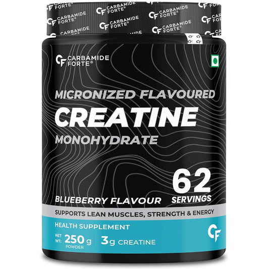 Carbamide Forte Monohydrate Creatine Powder Flavoured | Creatine Flavoured | Supplement for Lean Muscle Volumization, Strength & Energy - Blueberry - 62 Servings - 250 Grams
