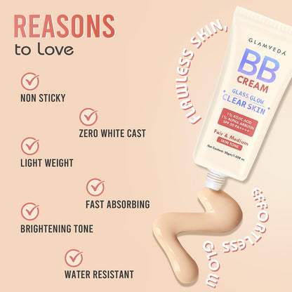 Glamveda BB Cream Lightweight Foundation | Fair & Medium Skin Tone BB Cream for Women With SPF 50++++ | Instant Spot Coverage | Light Make-up Glow | Non-Sticky & Waterproof | Colour Correction - 30g