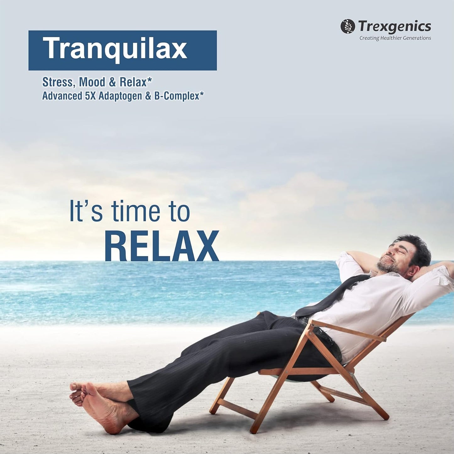 Man relaxing on a beach chair with 'Tranquilax' and 'Trexgenics' branding.