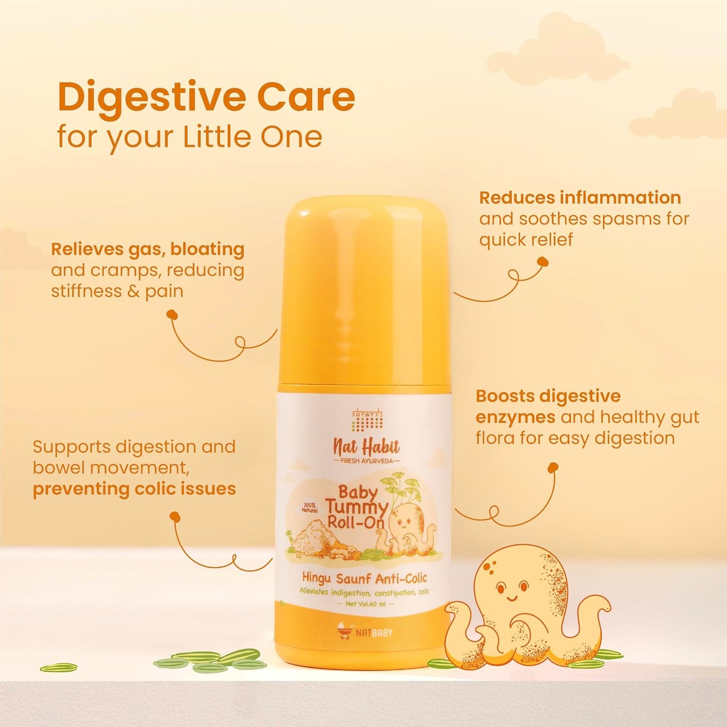 Nat Habit Hingu Saunf Tummy Roll-On for Baby Colic, Gas & Cold Relief | Hing Roll On for Newborns | Baby Tummy Roll | Cold & Cough Rollon | Constipation Relief | Ayurvedic Hing Oil 40ml