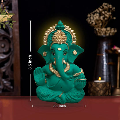 Lord Ganesha Idol for Car Dashboard, Home Decor & Pooja | Resin Gold Plated Ganpati Murti | 3.5 Inch Ganesh Statue for Gift, Diwali, Housewarming, Baby Shower, Mandir Decor, Mint Green, P-1