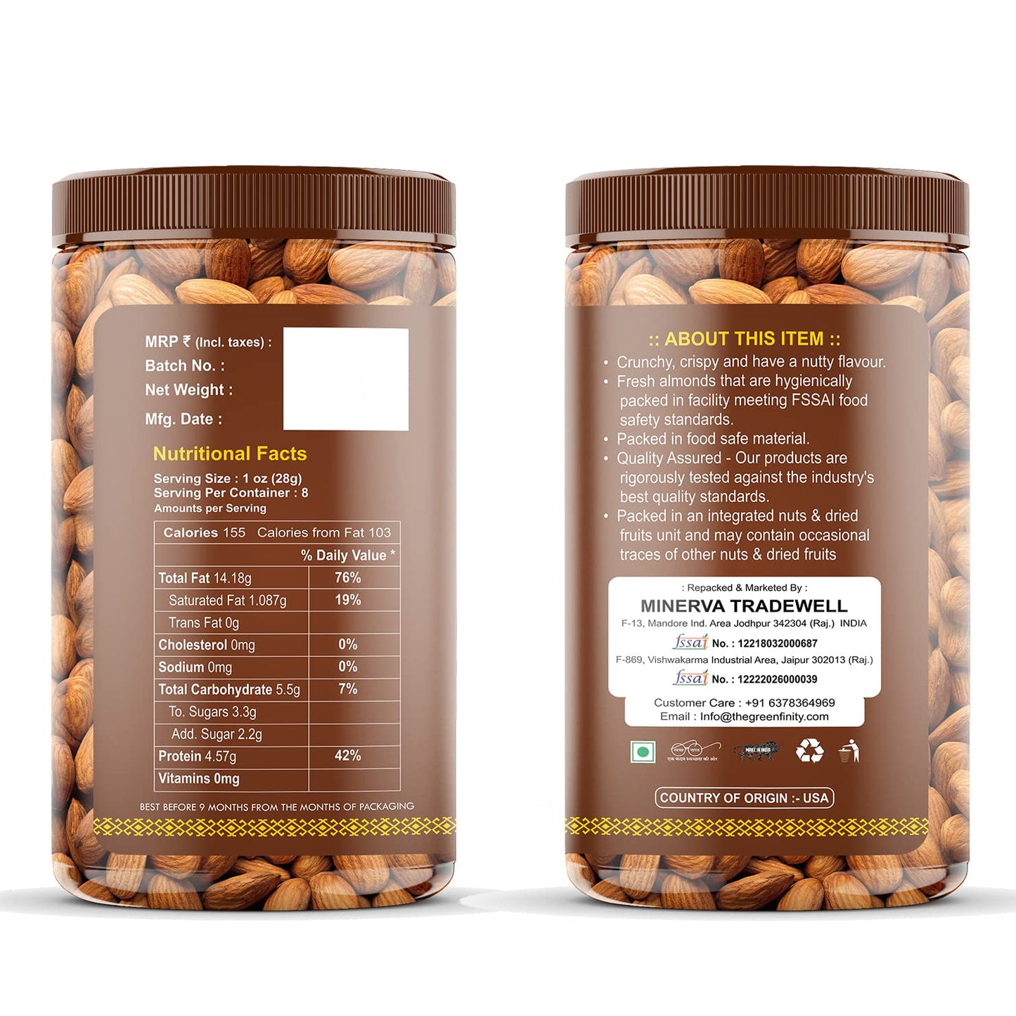 Organic Nuts Whole 100% Natural Premium Californian Almonds Value Pack Pouch, 500g