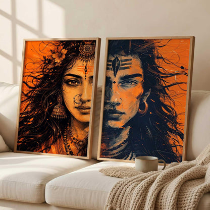 Set of 2 Framed Wall Art Prints, Premium HD Modern Wall Decor for Living Room, Bedroom, Office & Home, Abstract, Spiritual, Floral, Nature, Botanical & Boho Artwork, Ready to Hang (Shiv parwati 1, 13X19, Brown)