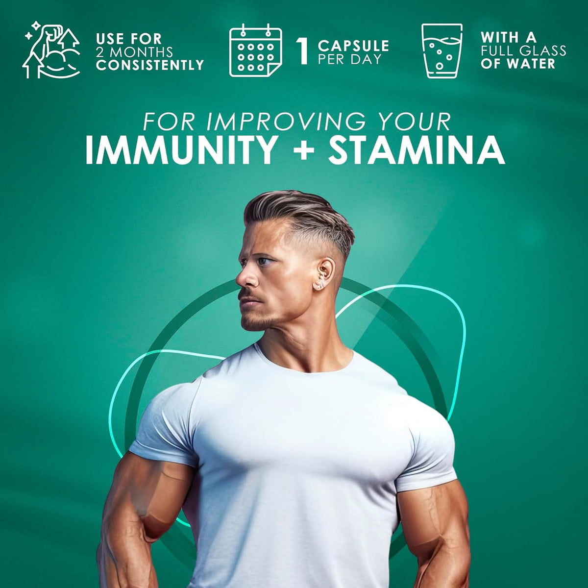 Advertisement for a supplement with a man in a white t-shirt against a green background, promoting immunity and stamina.