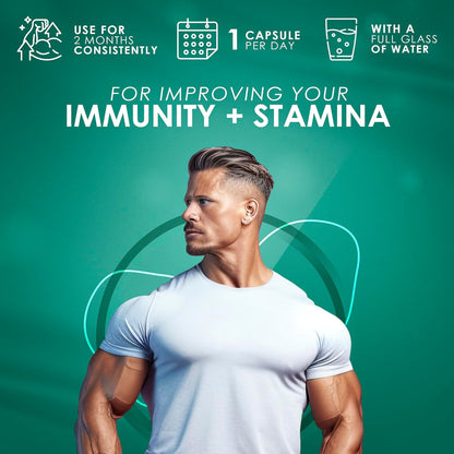 Advertisement for a supplement with a man in a white t-shirt against a green background, promoting immunity and stamina.