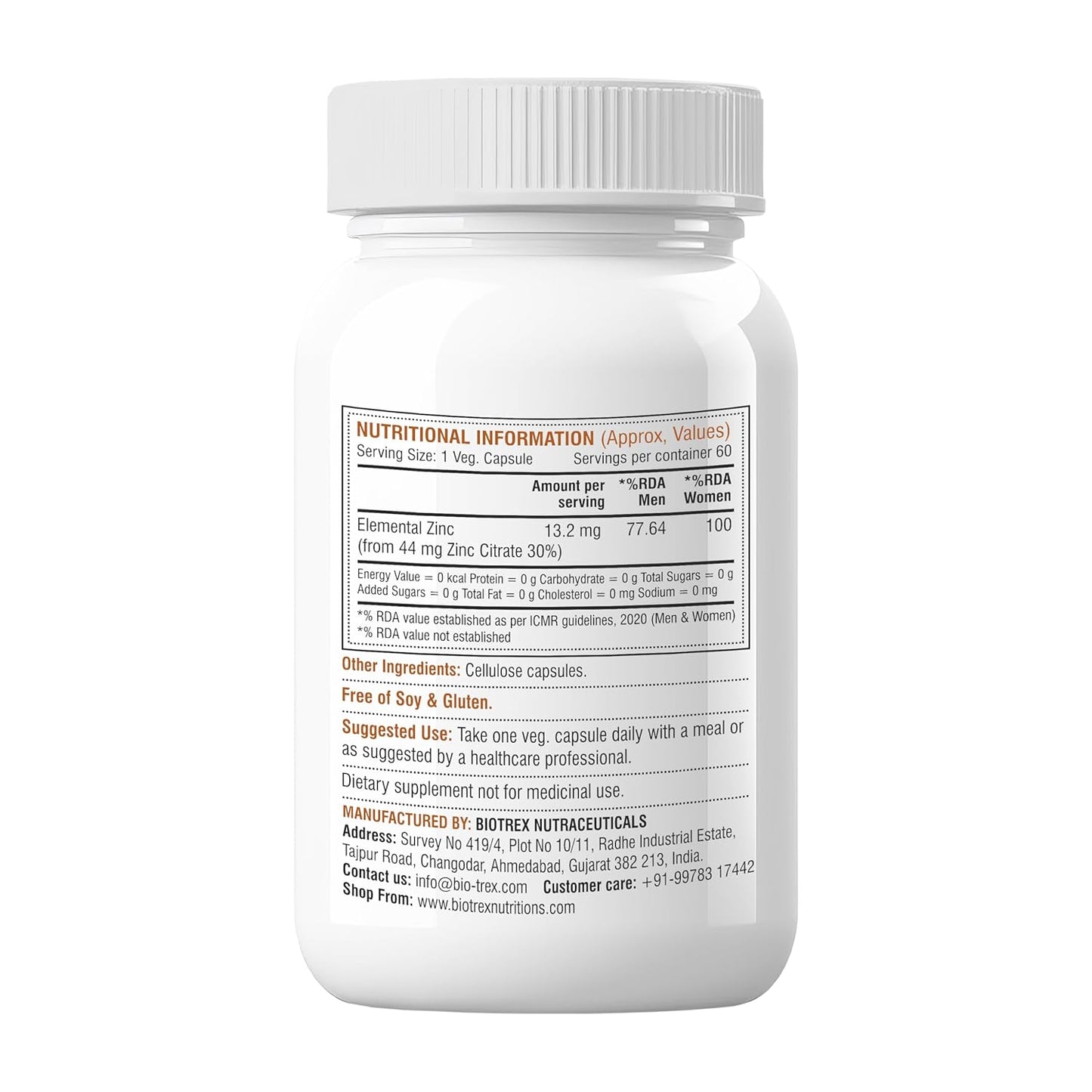 Biotrex Nutraceuticals Zinc Citrate Supplement | Immunity & Growth | Better Immune System & Overall Healing | Well Absorbed Zinc | 60 Veg Capsules