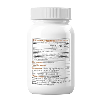 Biotrex Nutraceuticals Zinc Citrate Supplement | Immunity & Growth | Better Immune System & Overall Healing | Well Absorbed Zinc | 60 Veg Capsules