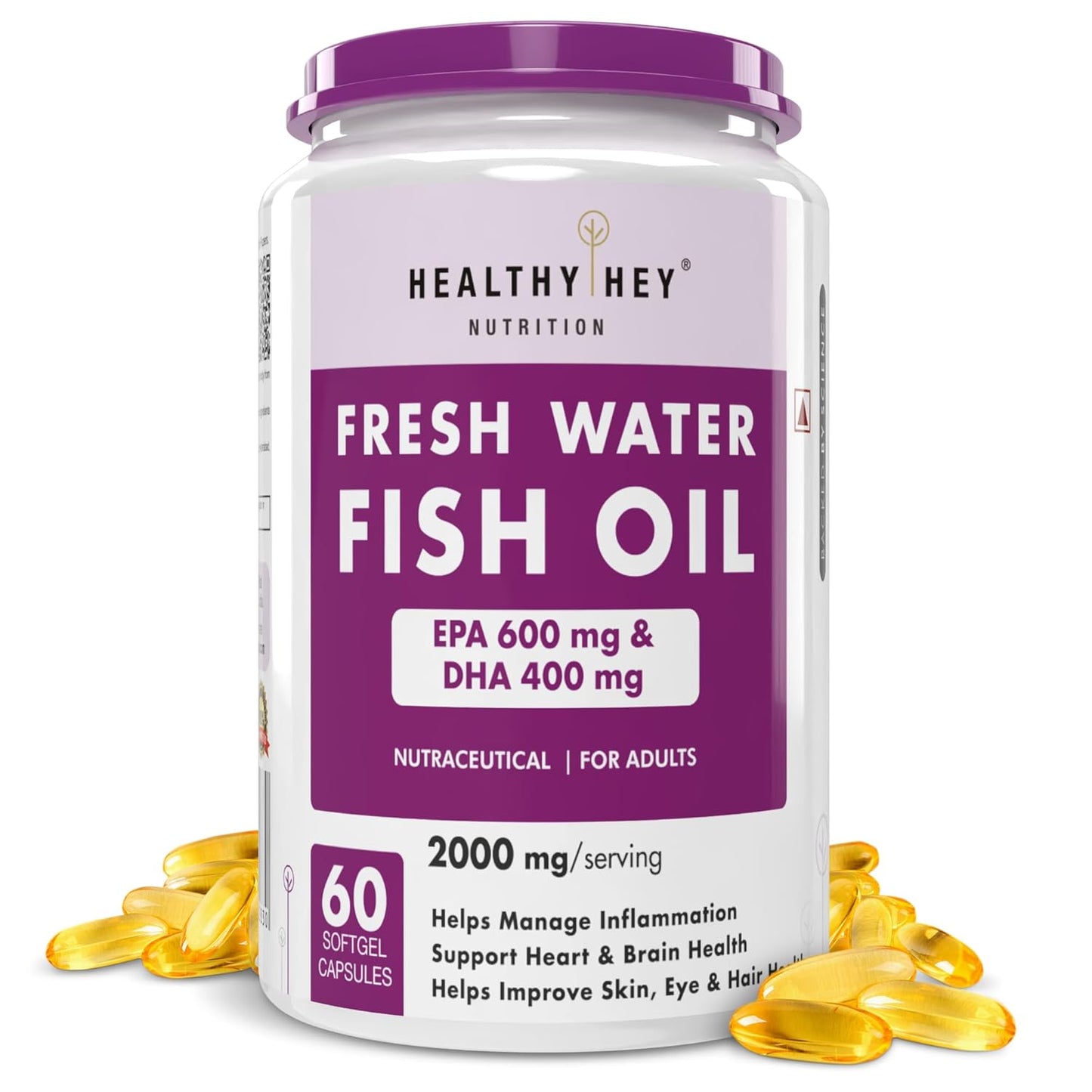 Container of Healthy Hey Nutrition Fresh Water Fish Oil with purple and white label
