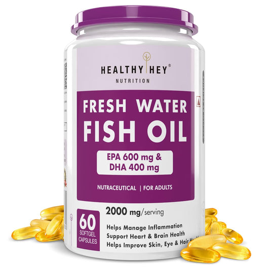 Container of Healthy Hey Nutrition Fresh Water Fish Oil with purple and white label