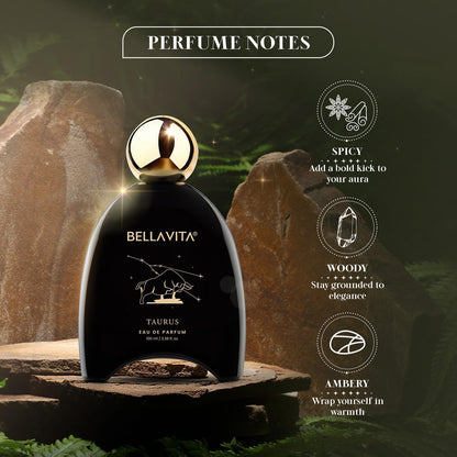 Bellavita Taurus perfume bottle with 'Perfume Notes' text and icons on a natural background