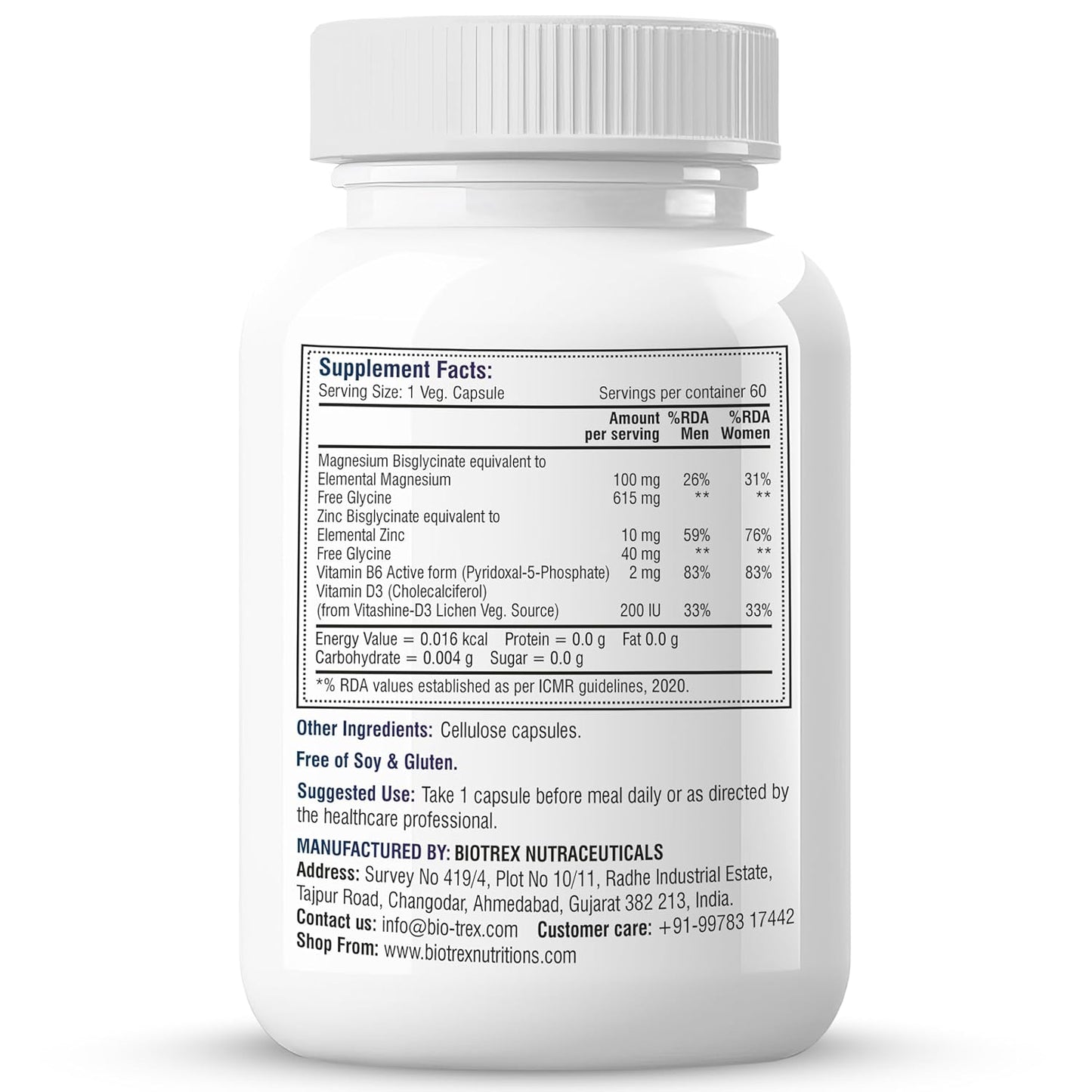 Biotrex Nutraceuticals ZMA Forte | Combination of Magnesium Bisglycinate, Zinc, Glycine, Vitamin B6 & D3 | Highly Bioavailable Form of Magnesium | Sleep Support Formula with Muscle Recovery | Enhances Atheletic Performance & Motility - 60 Veg Capsules