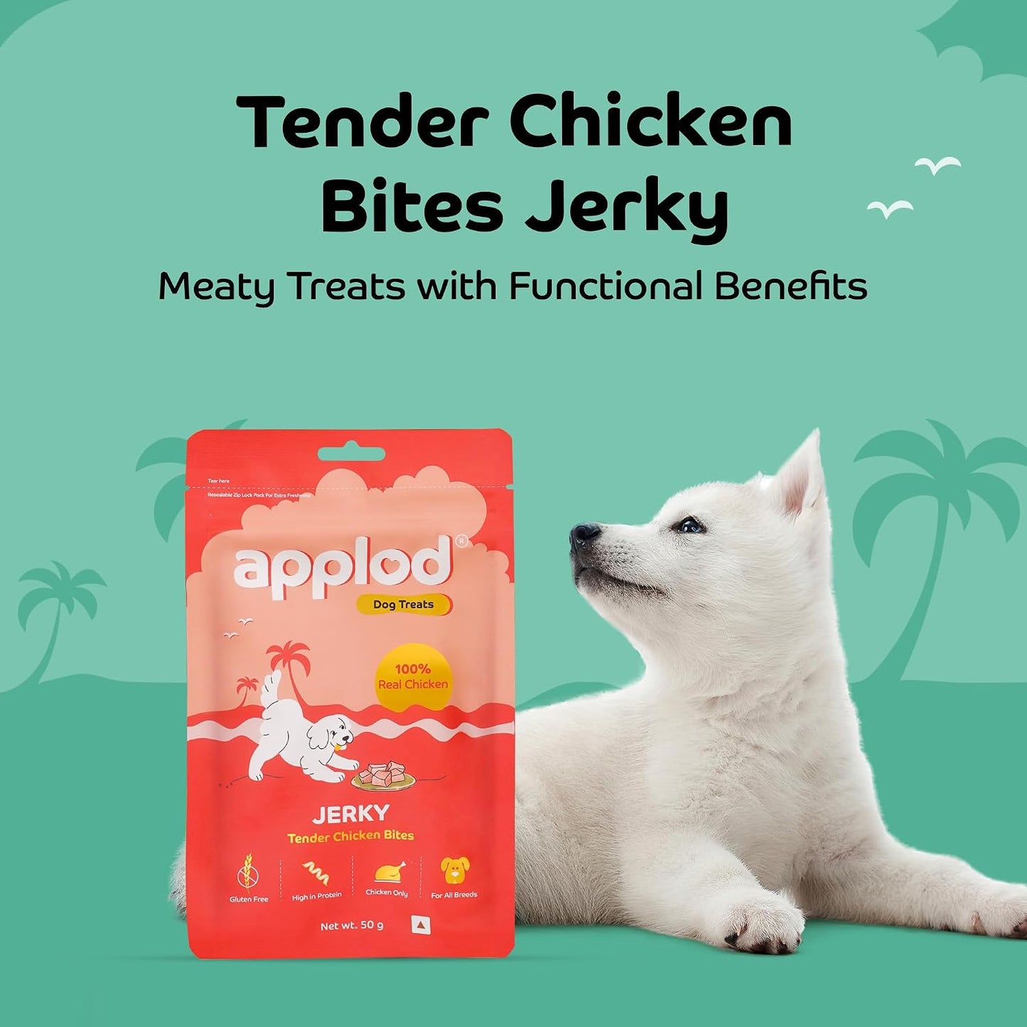 Applod Tender Chicken Jerky Bites Dog Treats | Made with Real Chicken Breast | High-Protein, Low-Fat Grain-Free Reward Snacks for Dogs | 50g