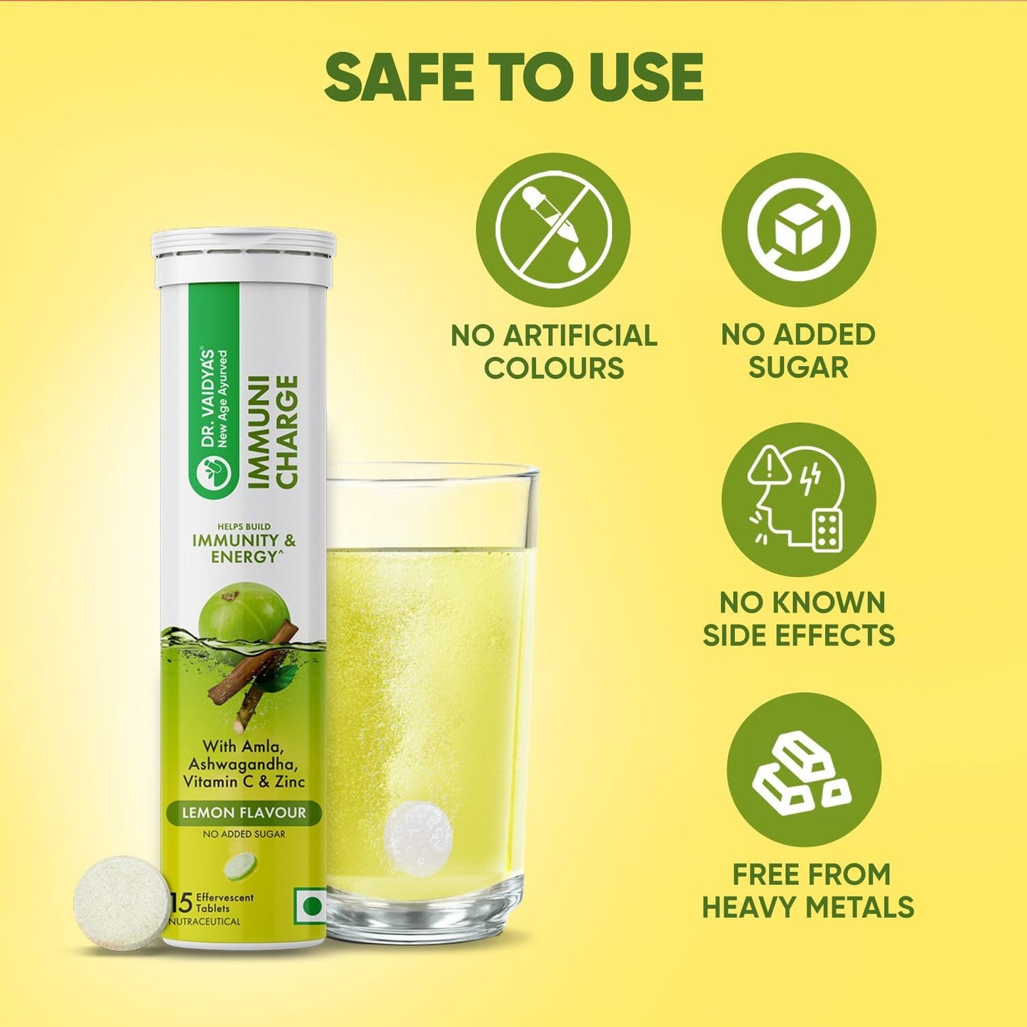 Dr. Vaidya's Immuni Charge Effervescent | No Added Sugar | Boosts Immunity With Vitamin C, Amla & Zinc | Lemon Flavour | (15 Tablets Each)