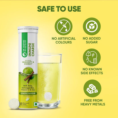 Dr. Vaidya's Immuni Charge Effervescent | No Added Sugar | Boosts Immunity With Vitamin C, Amla & Zinc | Lemon Flavour | (15 Tablets Each)