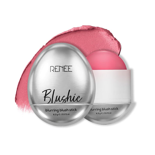 Blushing blush stick with silver casing and pink blush on a white background