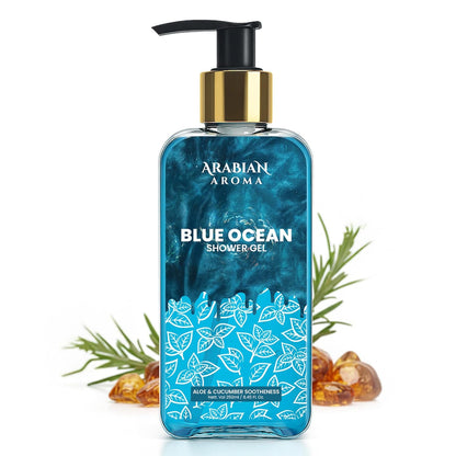 Blue Ocean Shower Gel bottle with pump and decorative elements on a white background