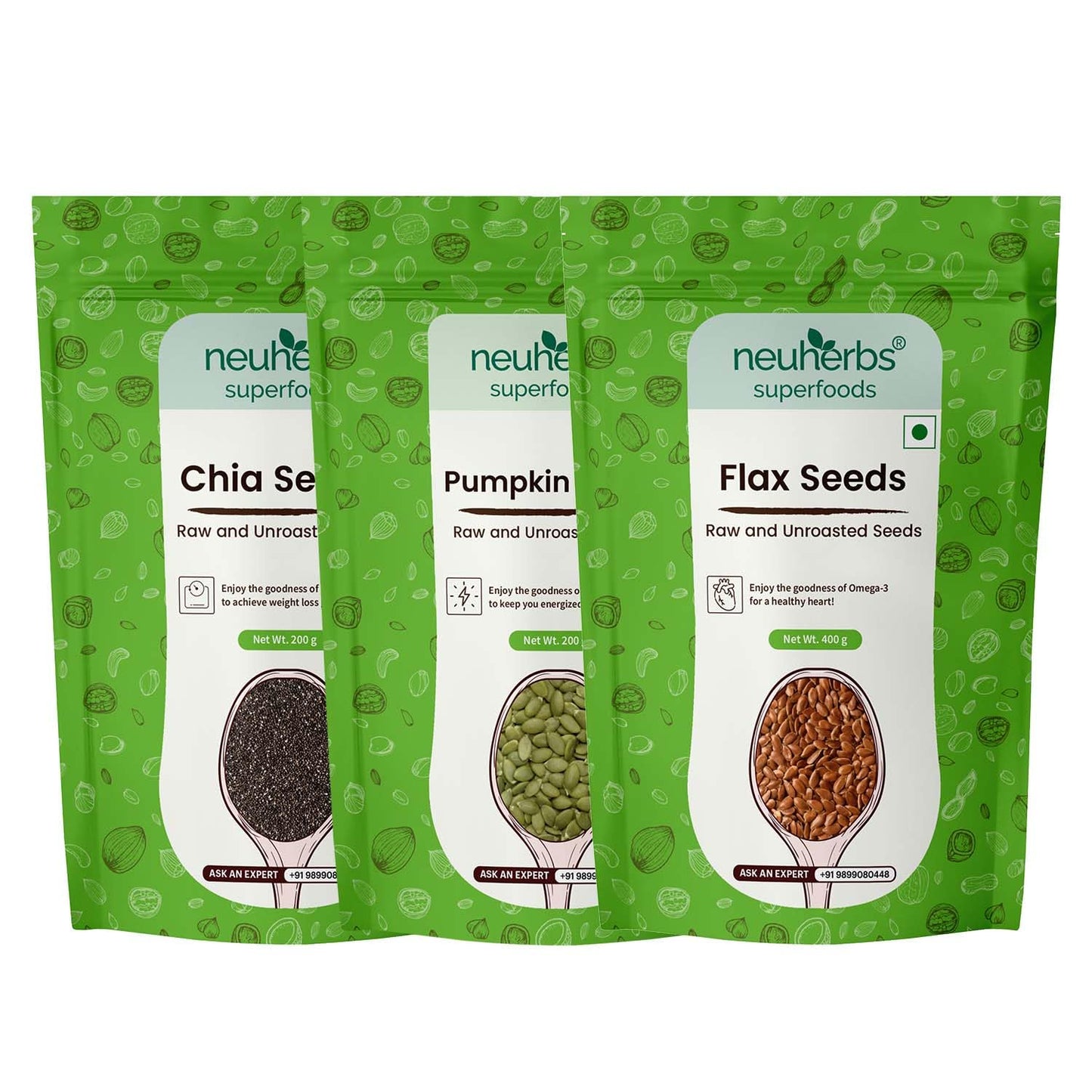 Neuherbs Unroasted Flax, Chia, and Pumpkin Seeds Combo for Improved Bone Health-(Flax seeds 400g + chia seeds 200g + pumpkin seeds 200g)
