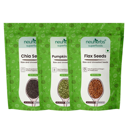 Neuherbs Unroasted Flax, Chia, and Pumpkin Seeds Combo for Improved Bone Health-(Flax seeds 400g + chia seeds 200g + pumpkin seeds 200g)