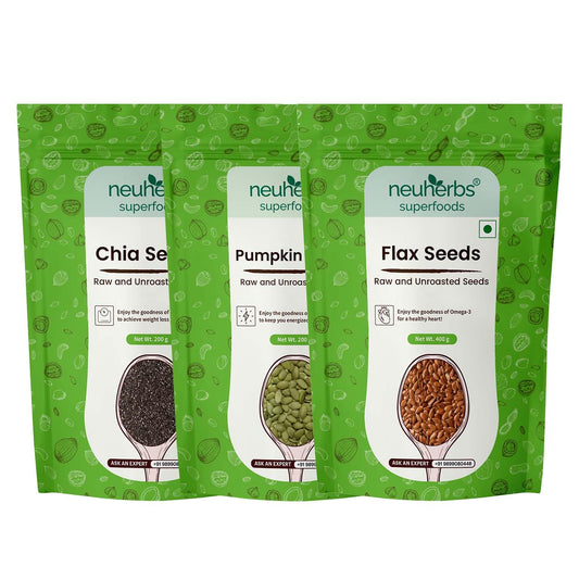 Neuherbs Unroasted Flax, Chia, and Pumpkin Seeds Combo for Improved Bone Health-(Flax seeds 400g + chia seeds 200g + pumpkin seeds 200g)