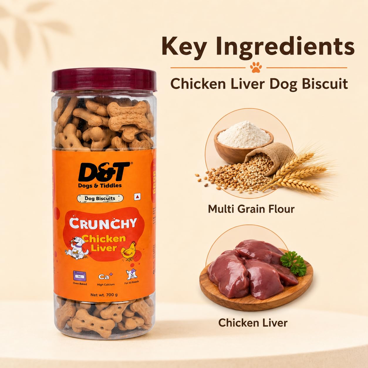 Dogs & Tiddles Chicken Liver Dog Biscuits 700g | Oven Baked Crunchy Dog Treats | High Calcium Dog Snacks for All Life Stages & All Breeds